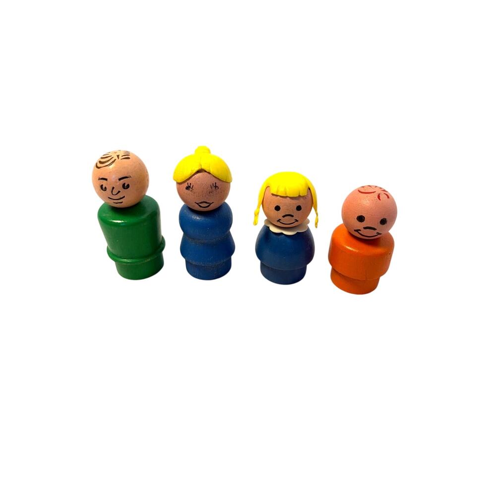 VTG Fisher Price Little People wooden family, dad, mom, girl, boy. wear on mom